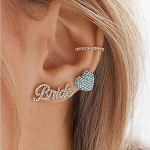 NWT BaubleBar Gold Script and Blue Heart Stud Earrings